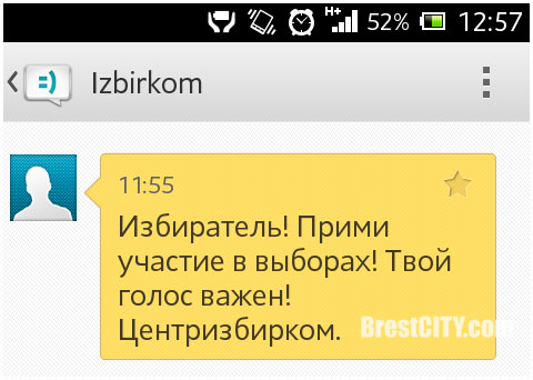 СМС сообщение от Центризбиркома с приглашением на выборы президента
