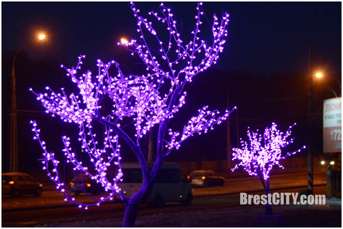 Снеговики и деревья возле ЦМТ. Новогодняя иллюминация. Фото BrestCITY.com