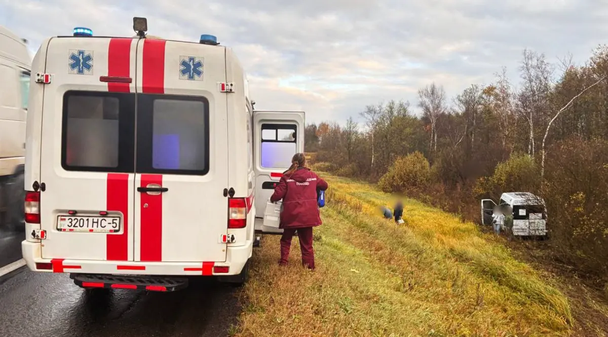 Маршрутка съехала в кювет на М1 под Минском. В салоне было 13 пассажиров и водитель Маршрутка съехала в кювет на М1 под Минском. В салоне было 13 пассажиров и водитель