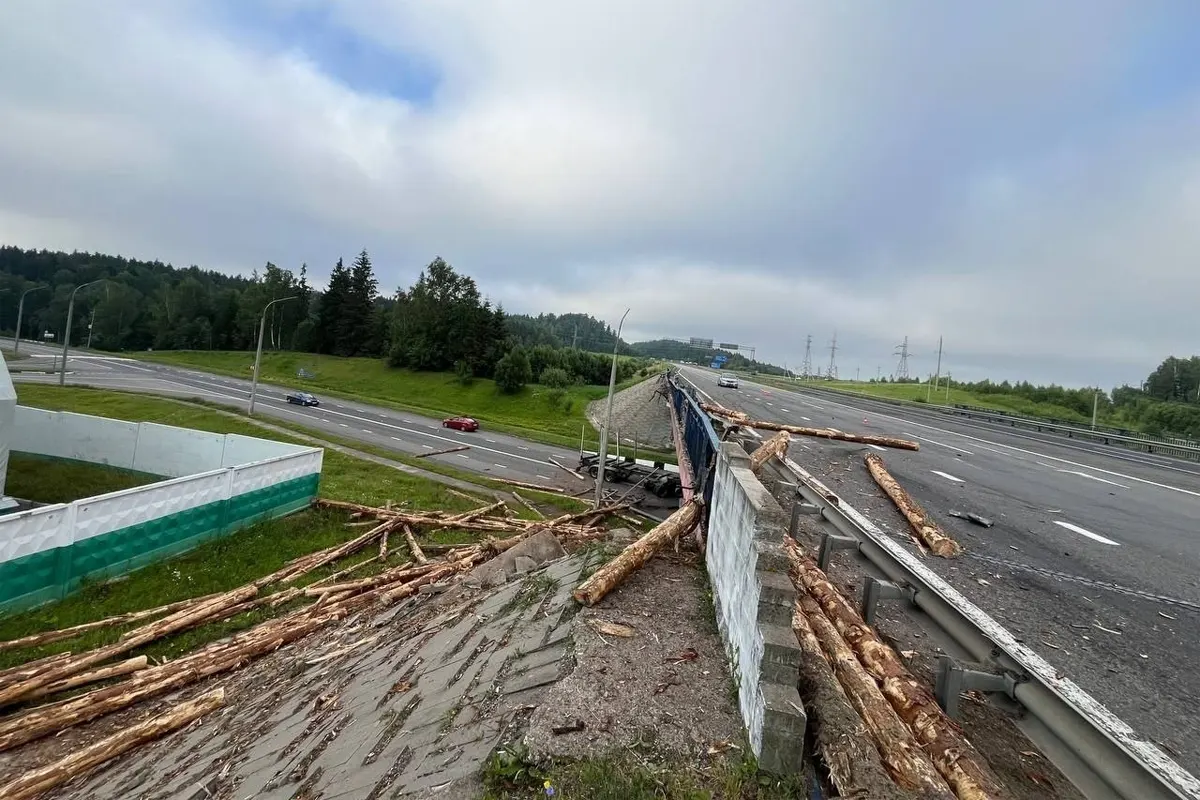 У груженого лесовоза лопнуло колесо   брёвна покатились с моста